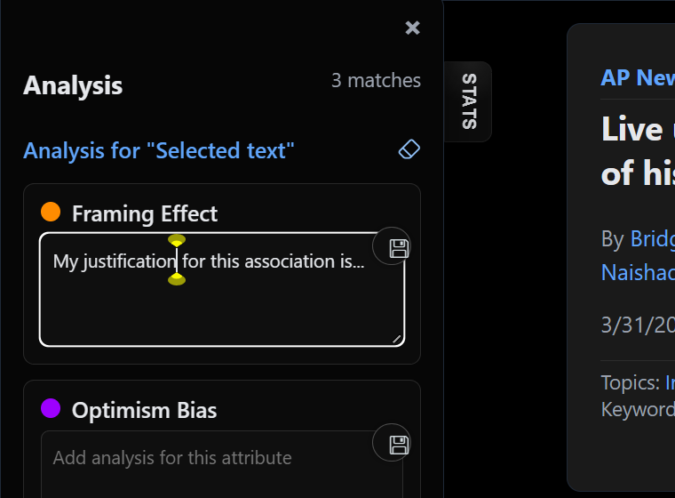 Edit mode explanation text area with saved user justification and save control