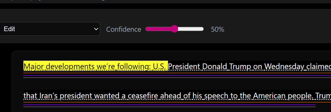Edit mode showing highlighted article text ready for user associations